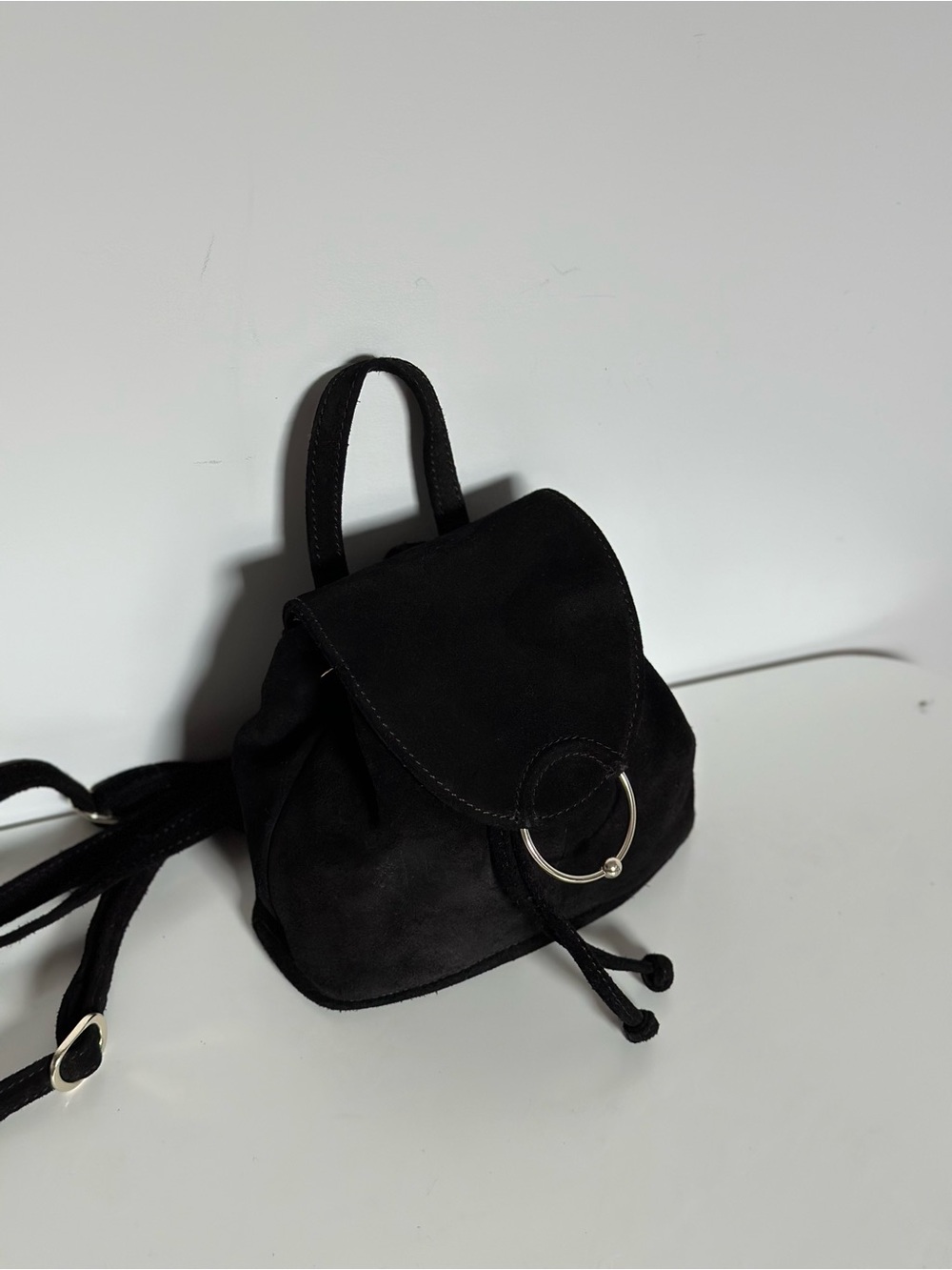 Black Suede Mini Backpack Drawstring Leather Bag Silver Hardware - Picture 9 of 17